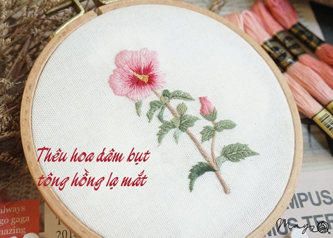 Thêu hoa dâm bụt với tông hồng lạ mắt (có mẫu in)