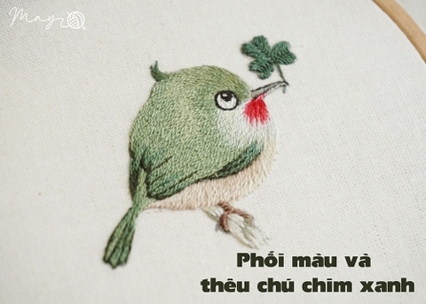 Phối màu và thêu chú chim xanh với mũi đâm xô (có mẫu in)