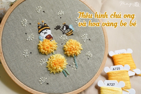 Thêu hình chú ong và hoa vàng be bé