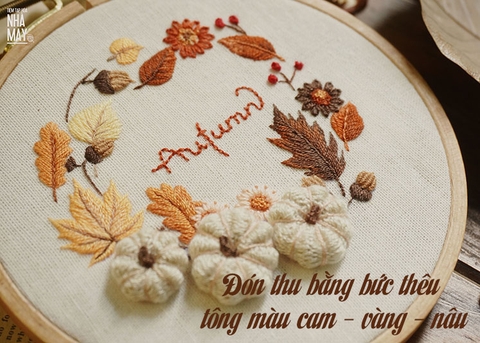 Đón thu bằng bức thêu tông màu cam - vàng - nâu (có mẫu in)