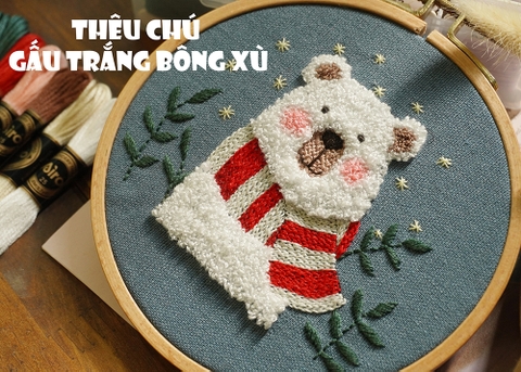 Thêu chú gấu trắng bông xù (có mẫu in)