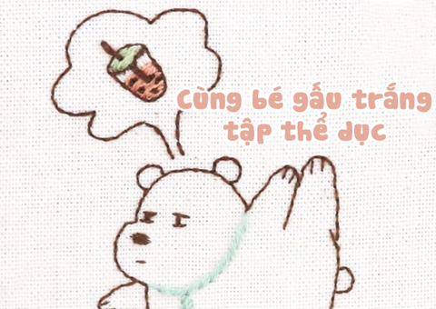 Thêu bé gấu trắng tập thể dục (có mẫu in)