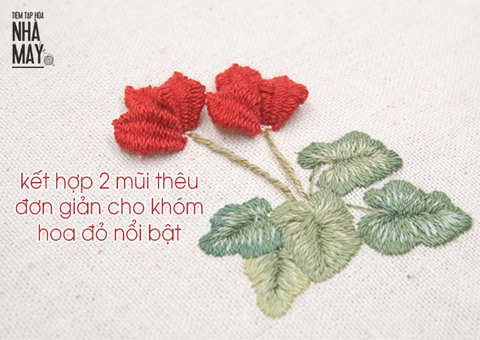 KẾT HỢP 2 MŨI THÊU ĐƠN GIẢN CHO KHÓM HOA ĐỎ NỔI BẬT
