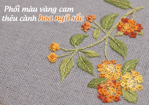 Hướng dẫn dùng mũi buttonhole stitch và phối màu vàng cam để thêu cành hoa ngũ sắc (có mẫu in)