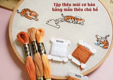 Tập thêu mũi cơ bản bằng mẫu thêu chú hổ (có mẫu in)