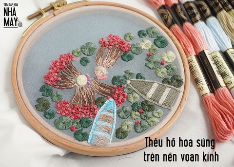 Thêu hồ hoa súng trên nền voan kính (có mẫu in)