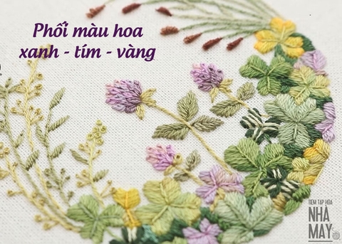 Phối màu xanh - tím - vàng cho khung hoa cỏ mộng mơ (có mẫu in)