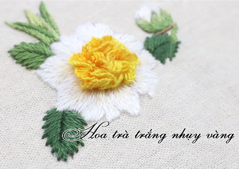 Thêu hoa trà trắng bằng mũi Loose cast on stitch và đâm xô đơn giản (có mẫu in)