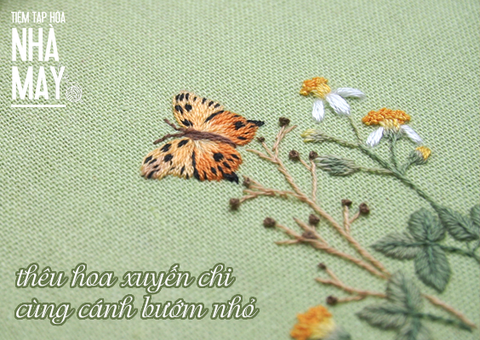 Thêu hoa xuyến chi cùng cánh bướm nhỏ (có mẫu in)
