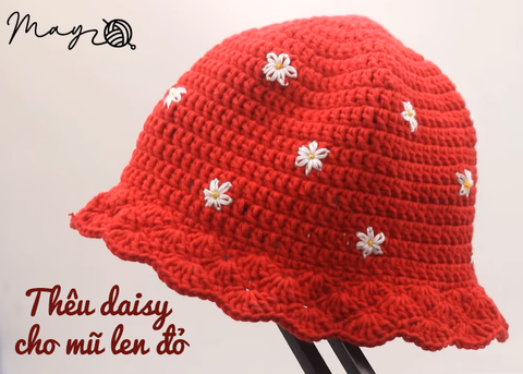 Thêu daisy cho mũ len đỏ