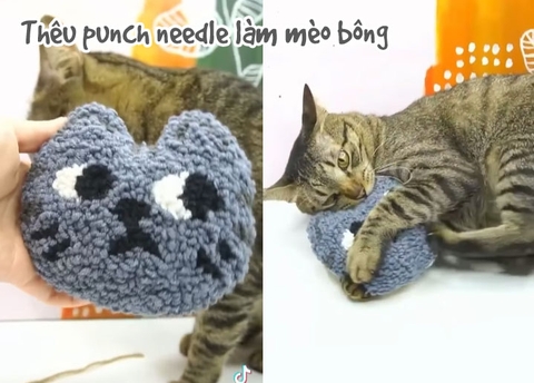 Hướng dẫn thêu punch needle làm mèo bông (có mẫu in)