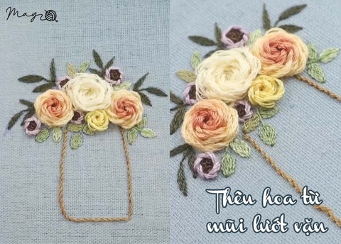 Các mũi thêu cơ bản phần 3: Thêu hoa từ mũi lướt vặn (có mẫu in)