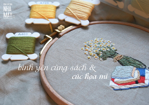 Bình yên cùng mẫu thêu sách và cúc họa mi (có mẫu in)