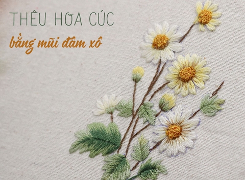 Thêu hoa cúc đơn giản bằng mũi đâm xô (có mẫu in)