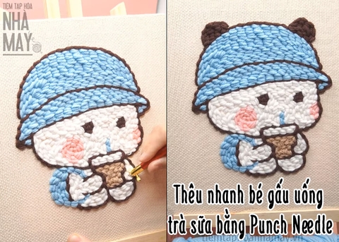 Thêu nhanh bé gấu uống trà sữa bằng len (Punch Needle)