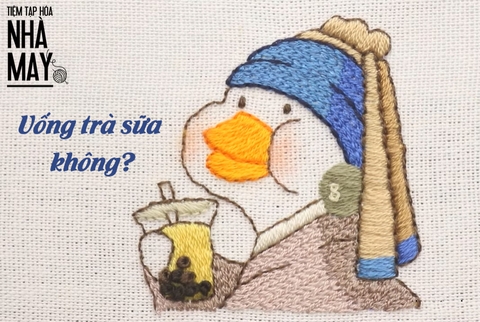Hướng dẫn thêu cô vịt uống trà sữa (có mẫu in)