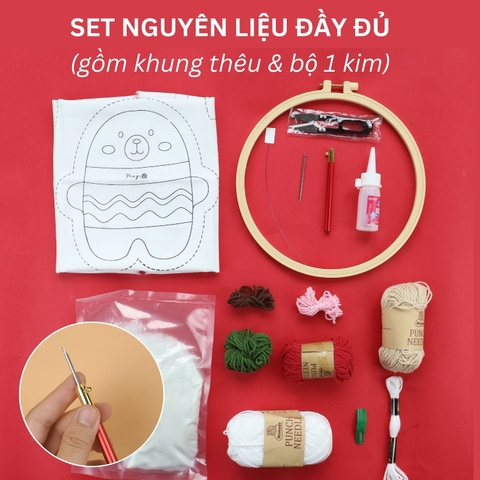 Bộ nguyên liệu làm thú bông Gấu trắng từ thêu len nổi punch needle