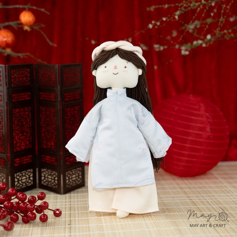 Set Búp bê trang phục phong cách áo ngũ thân vải gấm xanh nhạt và mấn