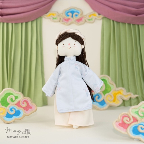 Set Búp bê trang phục phong cách áo ngũ thân vải gấm xanh nhạt và mấn