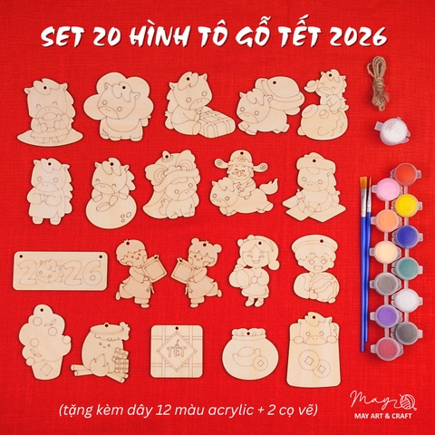 Set tô màu gỗ TẾT 2026 (20 hình gỗ, tặng kèm dây 12 màu acrylic & 2 cọ vẽ)