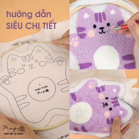 Bộ nguyên liệu làm thú bông Mèo tím từ thêu len nổi punch needle