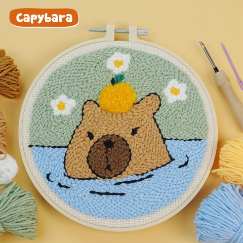 Bộ nguyên liệu thêu tranh nổi punch needle khung nhựa tròn