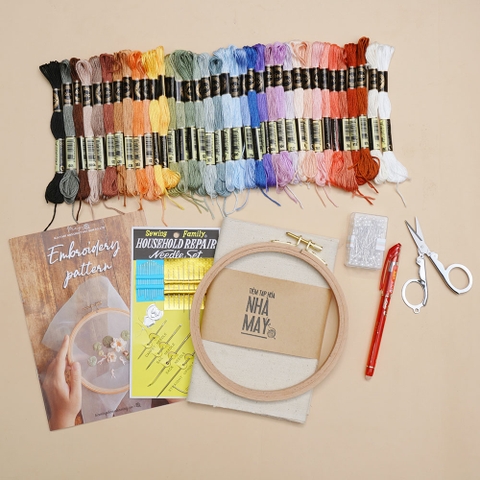 [Set thêu chỉ tốt] Chỉ Airo 50 màu + Khung gỗ du 15.5