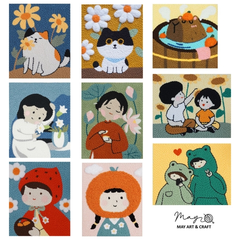 Set thêu tranh len nổi khung gỗ (punch needle) nhiều mẫu