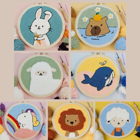 Bộ nguyên liệu thêu tranh nổi punch needle khung nhựa tròn