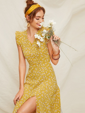Đầm Ruffle Họa Tiết Hoa Gừng