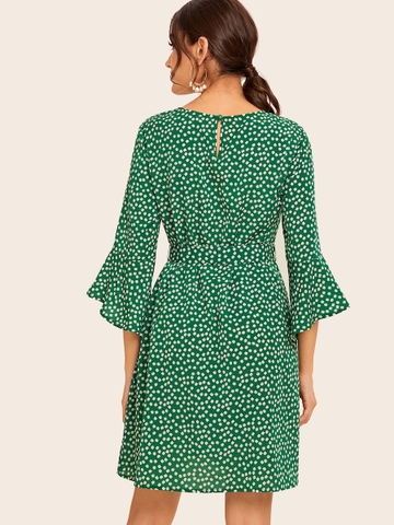Đầm Nút Họa Tiết Hoa Màu Xanh Lá Boho