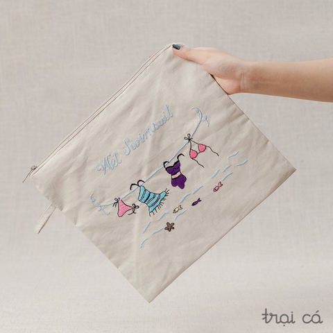 Túi đựng đồ ướt thêu tay (28x32cm) - be họa tiết đồ bơi