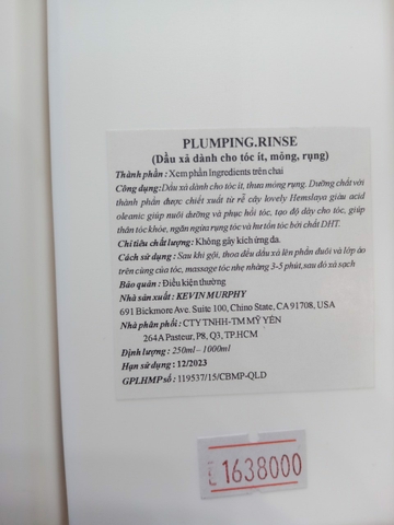 DẦU GỘI & DẦU XẢ CHO TÓC DẦU, ÍT, MỎNG, RỤNG KEVIN.PLUMPING.WASH 1000ML*2