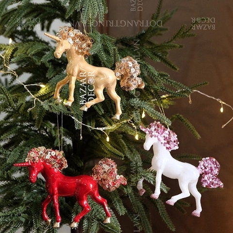 1 Kỳ lân đính sequin - Phụ kiện treo Noël Pearl Gloss Unicorn 16x11CM