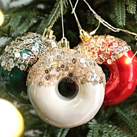 1 Bánh Donut phủ sequin - Phụ kiện treo Noël Pearl Gloss Donut 9CM