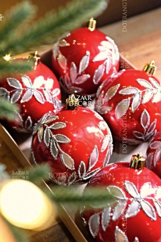 Hộp 6 quả châu Noël Pearl Gloss lá nguyệt quế 8CM 6T - Đỏ ngọc trai