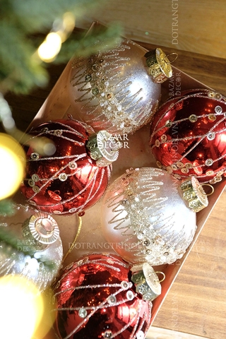 Hộp 6 quả châu Noël Pearl Gloss đính hạt 8CM 6T - Đỏ & đồng