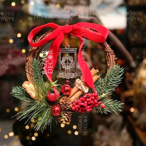 ,Vòng nguyệt quế mini 20cm Charm kim loại tinh xảo treo cây thông trang trí cửa sổ noel handmade