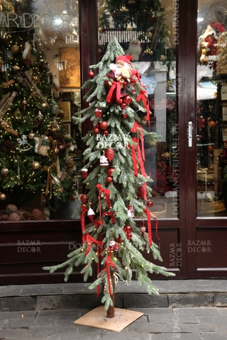 Set cây thông thân gỗ 180cm và bộ trang trí tone đỏ trắng rời