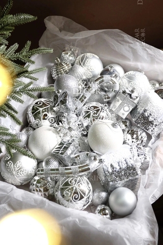 Hộp 48 quả châu & phụ kiện Luxury tone màu - Icy Snow Bạc (Box size L 2.5 gallon)