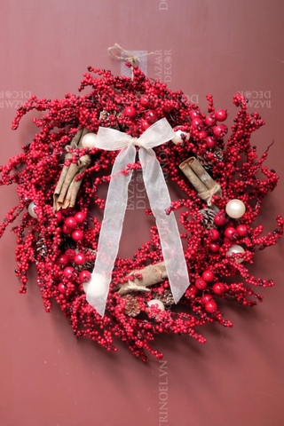 ,Vòng nguyệt quế PE 55cm - Red Berry Bloom - Tặng kèm dây đèn ngôi sao