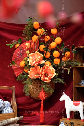Giỏ mây treo Tết cành quýt & mộc lan 