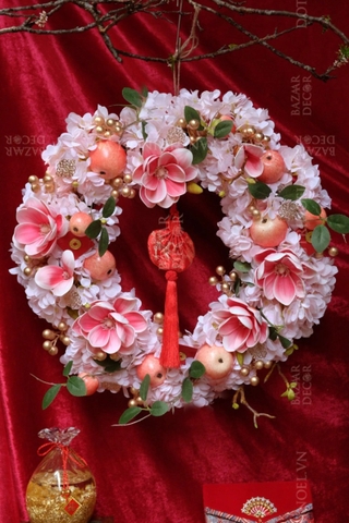 .Vòng treo Tết 50cm tú cầu & mộc lan hồng 