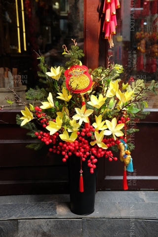 Set bình cắm Tết Phú Quý mộc lan vàng & đông đào