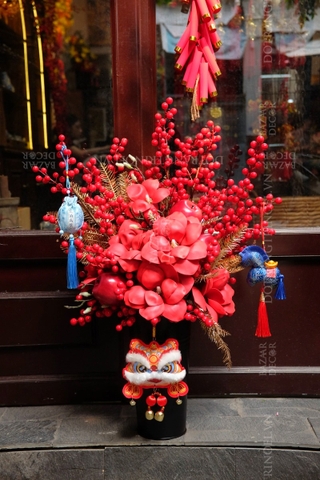Set bình cắm Tết Thịnh Vượng mộc lan đỏ táo & đông đào