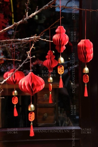.,Bộ 5 lồng đèn giấy đỏ mini xếp Origami có chuông - 15cm