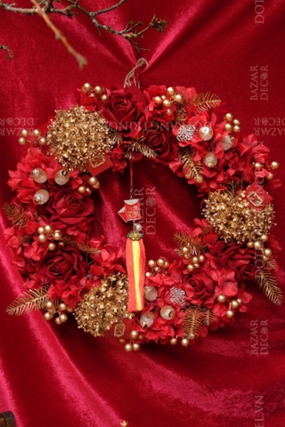 .Vòng treo Tết 50cm tú cầu đỏ lồng đèn 