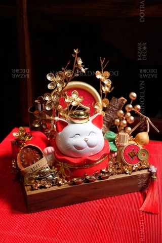 Khay nến thơm Mèo thần tài gốm sứ | 20x25cm