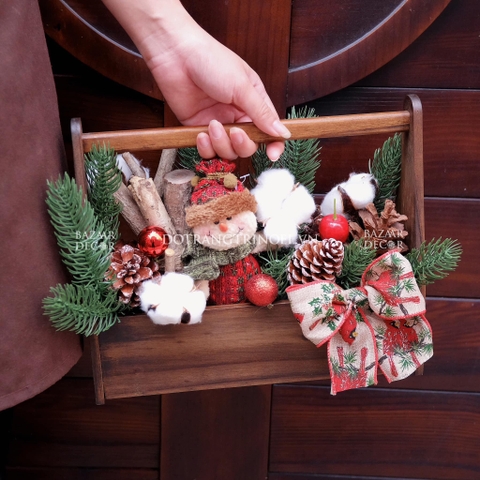 Centerpiece Snowmen khay gỗ có quai xách 10x30x25cm | Quà tặng Noel