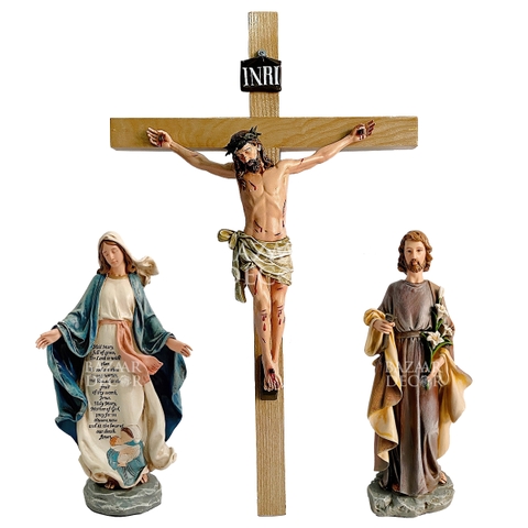 Bộ tượng bàn thờ | Tượng Chúa Jesus, Đức Mẹ Ban Ơn & Thánh Giuse Hoa Huệ